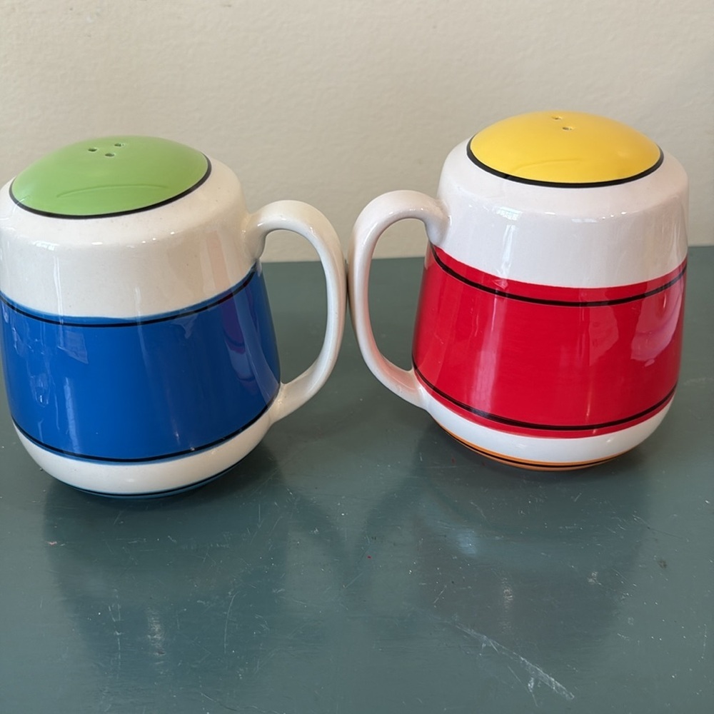 Hallmark Ceramic Salt and Pepper Mugs - Blue & Red with Green and Yellow Tops - Picture 3 of 5